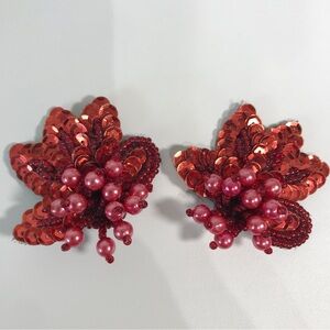 Vintage Red Sequin Hand Embroidered Beaded Flower Fringe Dress Collar Shoe Clip